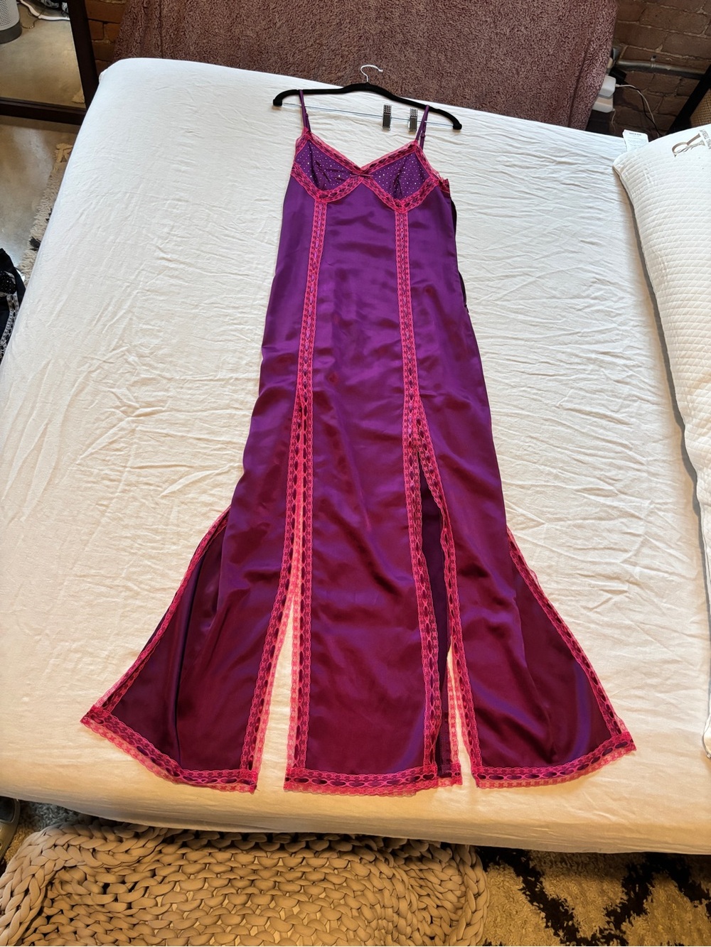 Betsey Johnson Purple Satin Maxi Slip Dress with Pink Lace Trim